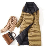 Women Double Sided Down Long Jacket Double Breasted Snow Outwear Warm Parka Stand Collar Lapel 90% White Duck Down