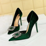 Breakj Banquet High Heels With Thick Suede Tip Side Hollow Out Metal Diamond Buckle Super High