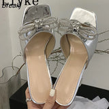 Summer Transparent Strange Low Heels Slippers Outdoors Fashion Crystal Bowknot Women Slides Shoes Party Dress Sandals
