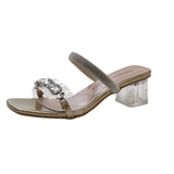 Word Rhinestone Transparent Cool Slippers Female Summer Outside Wear 2024 New Temperament Fairy High Heels Square Head Thick Heel