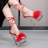 Women's Sandals 2023 Summer New Waterproof Platform Transparent Fur High Heels Cross Straps Thin Heel Pole Dance