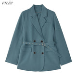 Spring New Arrival Office Ladies Vintage Solid Blue Khaki Blazer Women Elegant Double Breasted Loose Fashion Suit