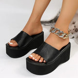 Chunky Platform Sandals Women Fashion Black PU Leather Wedge Slippers for Woman 2023 Summer Thick Bottom Slides Plus