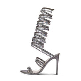Breakj New External Code Rhinestone Gem Ankle Winding Thin Heel High Heel Round Head Runway Plus Size