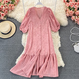 New Summer A Line V Neck Hollow Out Single Breasted Women Mid-Calf Dresses Casual Solid Short Lady