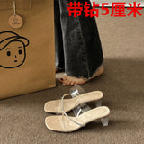 Breakj The Summer Of 2025, The New High-Heeled Women Wear Fashionable Round Head Thick And Net Red Crystal Slippers Women's