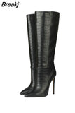 Custom Colors Pointed Women High Heel Boots Solid Color Crocodile Pattern Fine Heel Rubber Sole Madam Shoes Botas