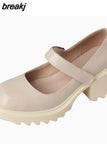 Size 34-39 Real Leather Women Chunky Pumps Mary Janes Fashion Platform High Heels Shoes For Women Lady Casual