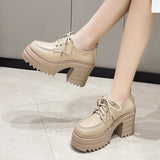 Leather Women Pumps Platform Square Heel Lace Up Oxford Women Party Role Play Uniform Dress Shoes Fashion High Heels