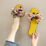 Breakj Ribbon Bow Flat And Flat-Bottomed Slippers Women Summer New Wear Broken Flowers One Word
