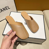 Women Mules 2022 Summer New Elegant Square Closed Toe Flat Slippers Female Shoes Casual Leather White Slides Plus Size