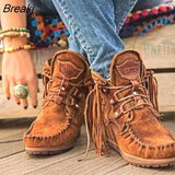 Women Faux Suede Boots Autumn Causal Lace Up Round Toe Female Ankle Boots Vintage Solid Tassel Ladies Cowboy Boots Short