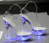 Color Square Heel Women Sandals Light Up Glowing Shoes Luminous Clear Sandals Platform Shoes High Heel 15cm Transparent