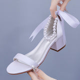 Breakj Cm Square Heel Sandals Shallow Mouth With Thick Heel Sandals White Beads Drifted Sandals Bride Wedding