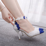 Queen Women Sandals High Heels White Blue Lace Wedding Shoes Pointed Toe Flower Pearls