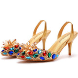 Breakj Cm Colorful Gold Light-Headed Sandals Water Drill Glass Fine Heel Sandals Large Size Bride Wedding Shoes