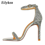 Silver Champagne Sexy High heels Women Sandals Buckle Strap Gladiator Women Sandals Stiletto Wedding Rhine