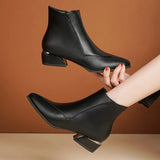 New 2024 Thick Heel Ankle Boots Women's Pointed Head Stitching Side Zipper Middle Heel Martin Boots Fashion Single Boot