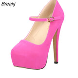 Mary Janes Women Pumps New Platform High Heels Shoes Woman Sexy Round Toe Flock Red Extreme Thin Heel