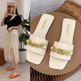 Breakj New Korean Version Of The Metal Chain A Word Cool Slippers Women Wear Flat-Bottomed Fashion