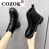 NEW Black Platform Combat Ankle Boots for Women Lace Up Buckle Strap Woman Shoes Winter Biker