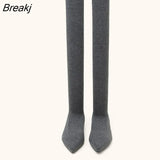 Slim Leg Thigh High Sock Boots Women Cozy Gray Stretch Fabric Pointed Toe Flat Heels Over The Knee Slip On Shoes