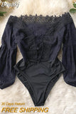 Women's Bodysuits 2023 Summer Autumn Ins Hollow Lace Spliced Lace-up V-neck Off Shoulder Lantern Sleeve Sexy Club Body
