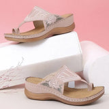 Wedge Shoes Soft Sole Vintage Ladies Sandals Embroidery Flower Casual Shoes For Women Comfy Mom Footwear Flip Flops