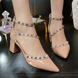 Woman High Heels Shoes Ladies Sexy Pointed Toe Pumps Buckle Rivets Nude Heels Dress Wedding Shoes