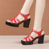 Summer New Thick-Soled Sandals, Women's Leather Waterproof Platform, High Heels, Thick Heels, Red Full-Size Fish Mouth