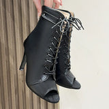 Large Fish Mouth Cool Boots Girls Thin Heels Hollowed-Out Short Boots Lace Jazz Dance High Heels In Spring And
