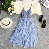 New Women Tulle Dress Summer Mesh Dress Summer High Waist Hem Asymmetrical Pleated Fairy Dress Female Slim