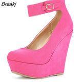 Women Shoes Flock Buckle Bowtie Ankle Strap High Heels Sexy 14cm Platform Wedges Female Pumps Red Wedding