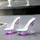 Color Square Heel Women Sandals Light Up Glowing Shoes Luminous Clear Sandals Platform Shoes High Heel 15cm Transparent