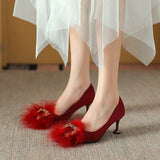 French Girl High-Heeled Shoes Female Autumn And Winter Pointed Hair Shoes Temperament Socialite Apricot And Velvet Belt Hair
