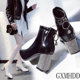 Toe Short Boots Woman 2020 Fall/Winter Shoes Women High Heeled Boots Rhinestone Chunky Heel Female Booties Large