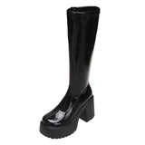 Heel Platform Long Boots for Women Black Patent Leather Knee High Boots Woman Winter 2023 Thick High Heels Punk