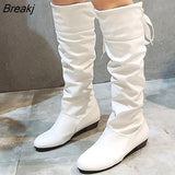 For Women 2023 Spring Knee High Boots Red Black White Tall Boots Woman Pleated Low Heel Casual Leather Female Long