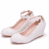 Breakj Heel White Lace Pearl High Heels Women's Shoes Slopes High Heels High Heels Wedding Shoes Shallow Buckle Round Head Single Gift