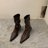 Temperament High Heel Thin Short Boots Women's Shoes 2024 New Brown Autumn And Winter Plus Velvet Pointed Boots Small Bare