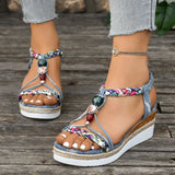 Breakj Bottom Slope Heel Sandals Women 2025 Summer New Bohemian Loose Tight Belt Fashion Casual Roman