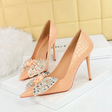 Breakj Korean Version Of Fashion Banquet High Heels Fine Heel Super High Heel Shallow Mouth Pointed Water Diamond Bow Single Shoe