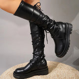 Platform Brand Design Shoeslace Zip Chunky Heel Combat Knee High Long Boots Fashion Motorcycle Boots Winter
