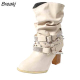 Buckle Strap Boots Women Autumn Winter Retro PU leather Shiny Rivets Heel Half Boots Winter Shoes Women Botines