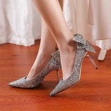 Sequins Wedding Shoes for Women Bride 2023 Elegant Pointed Toe Thin Heels Pumps Woman Silver Crystal High Heels for
