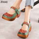 Retro Pumps Women Shoes Genuine Leather Hook & Loop 2023 New Spring Round Toe Floral Handmade Concise Platform