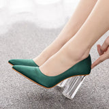 Breakj Cm Crystal Transparent Square Heel Pointed Shoes Bridal Shoes Silk Satin Dress Dress Shoes Wedding