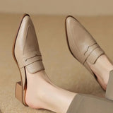 Women Sandals Genuine Leather Shoes for Women Pointed Toe Concise Modern Sandals Chunky Heel Women Mules Solid