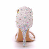 Queen Women Lace Wedding Shoes Thin High Heels White Bridal Open Toe Sandals Summer Strap Ankle Sexy Party