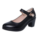 2023 Comfortable Medium-Heeled Round Head Large Size 40-43 Middle-Aged Leather Shoes Catwalk Cheongsam Single